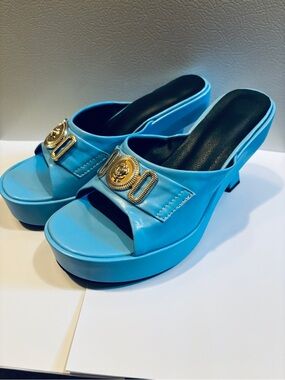 Blue leather Platform Slide Sandals with Gold Accent